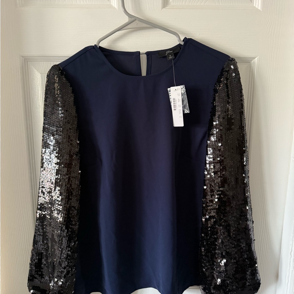 Brand new w/tags |J. Crew Navy Blouse with Black Sequin Sleeves | Size Small